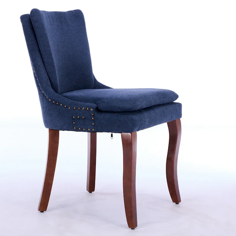 Double-layer Cushioned Dining Chairs Set of 2 Chenille Mid-Back Chair with Nailhead Trim Side Chair with Bent Wood Legs