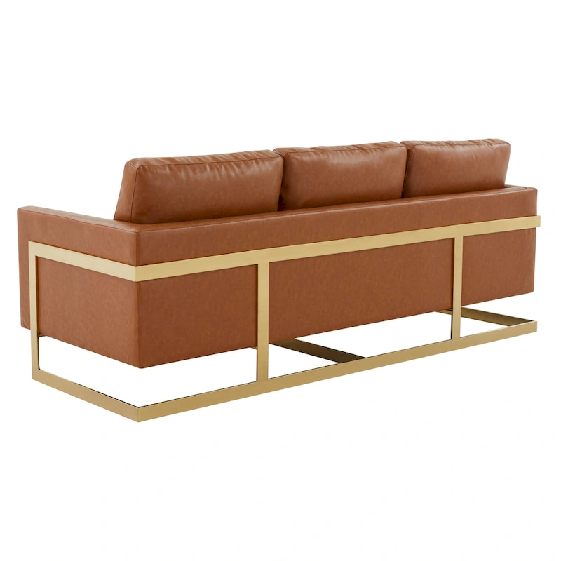 LeisureMod Lincoln Modern Upholstered Leather Sofa with Gold Frame - 83