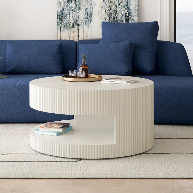Double Layer Round Coffee Table Modern Center Table Vertical Striped Coffee Table with Storage Space, for Living Room