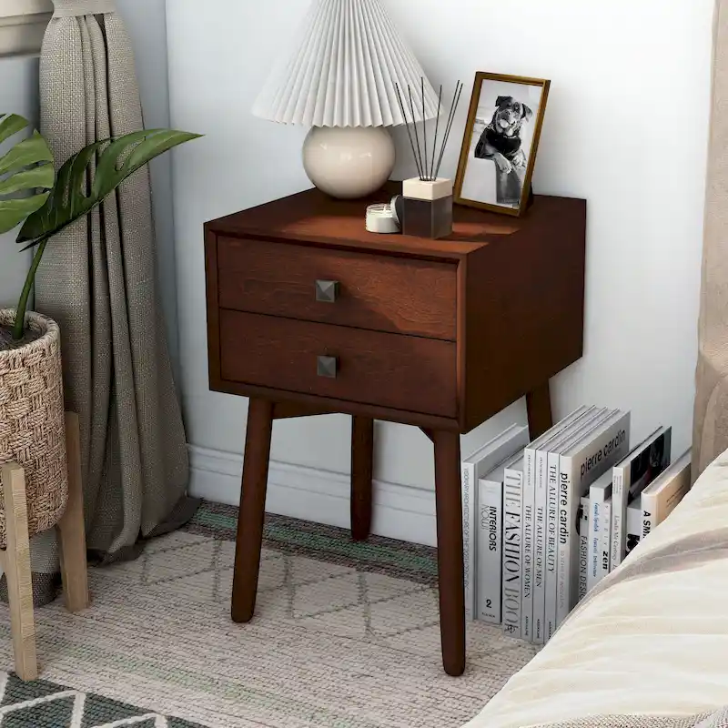 Mid-Century Modern Wood 2-Drawer Compact Nightstand Side Table