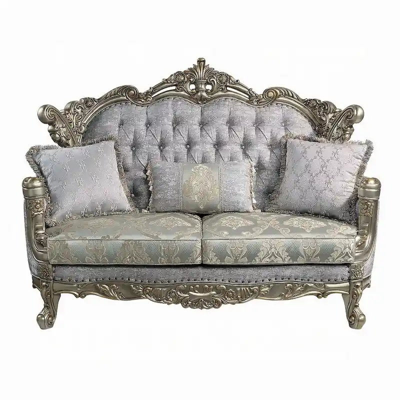 Traditional Loveseat with 3 Pillows, Gray Fabric, Antique Bronze Finish, 73 Inch