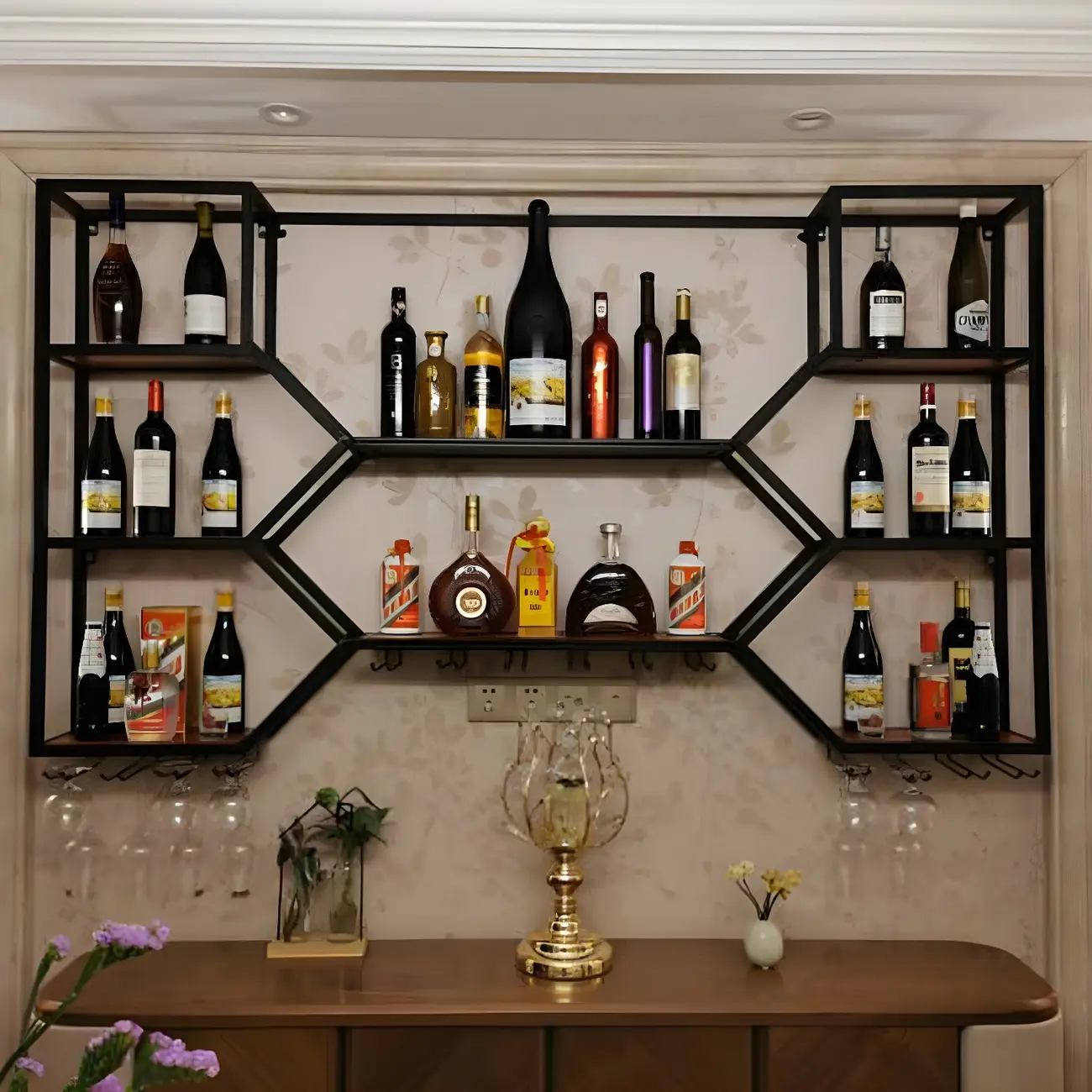 Black Metal Wall-Mounted Lighted Wine Rack