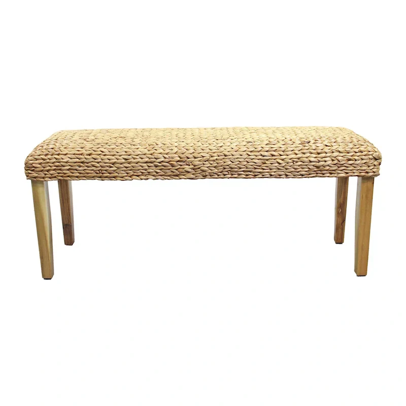 Natural Woven Water Hyacinth Bench with Acacia Wood Legs