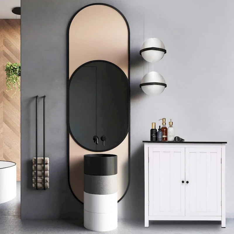 White & Black Double-Door Freestanding Bathroom Cabinet, For 1 Person — 32.3