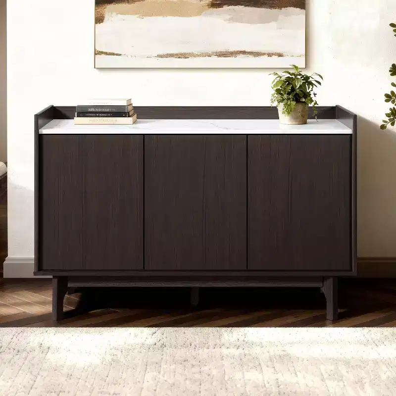 LuxenHome Modi Wenge Sideboard Cabinet with 3 Doors, Raised Sides, Faux Marble Top, Manufactured Wood