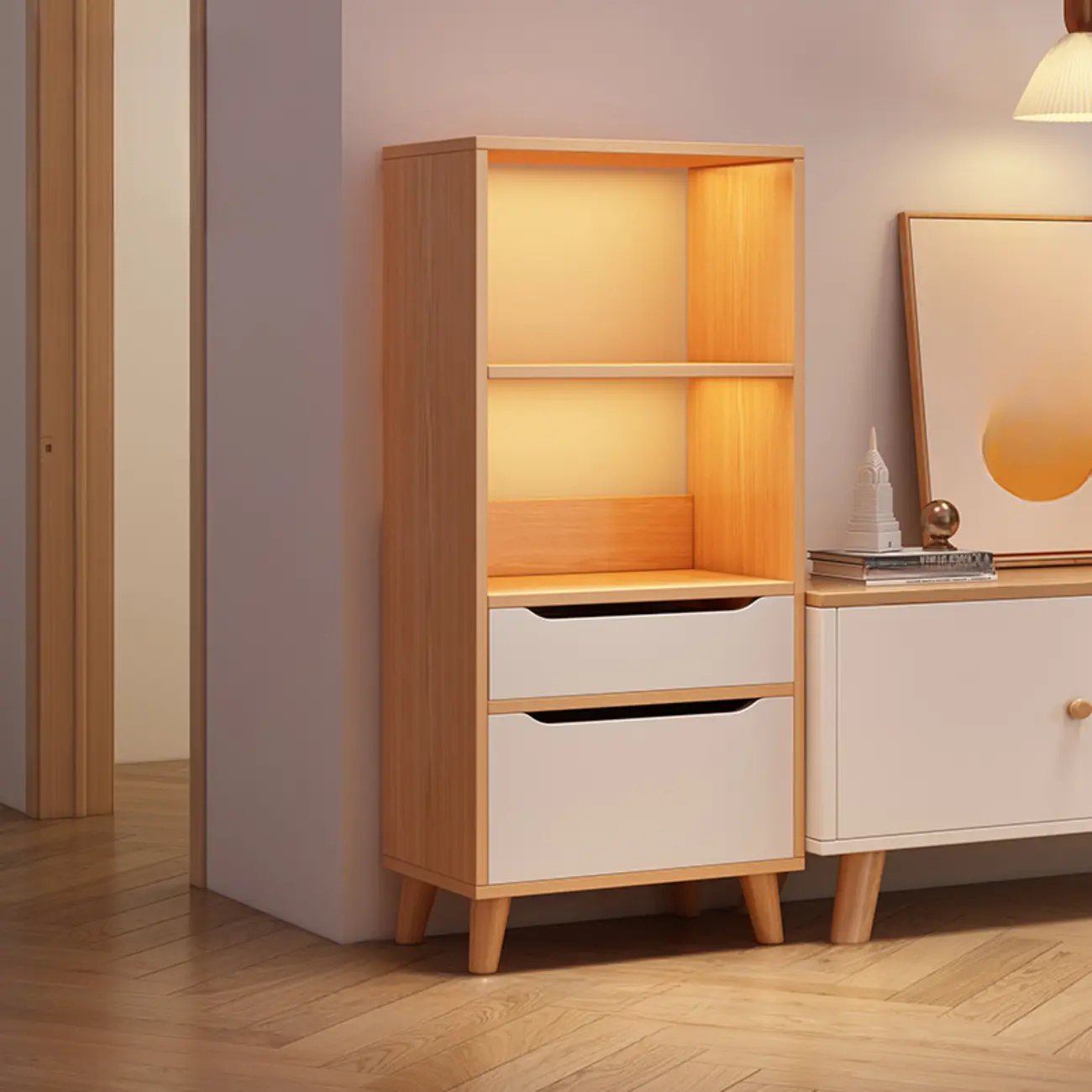 Tall Gray 4-Tier Open Back Wood Bookshelf with Drawer