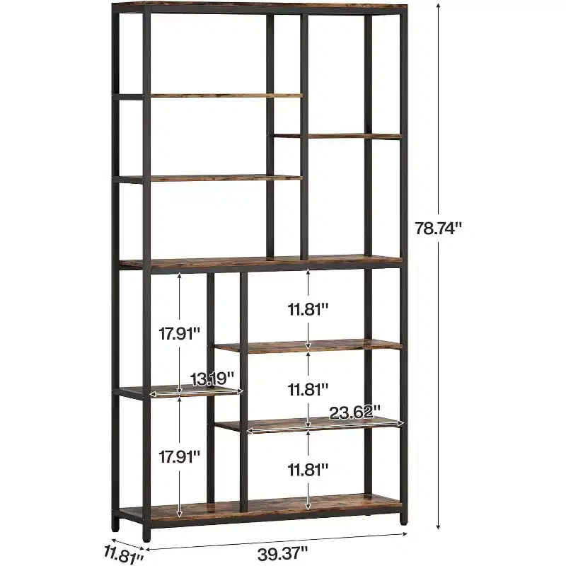 Lantine 79-Inch Tall 8-Tier Bookshelf, Vintage Freestanding Open Book Shelves for Living Room, Home Office, Rustic Brown