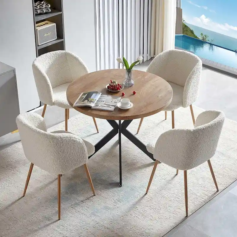 Round Dining Table Set with Sherpa Arm Chairs, Space Saving