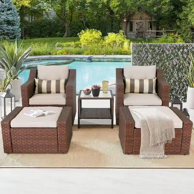 5-piece Outdoor Patio Wicker Lounge Chair and Ottoman Conversation Set