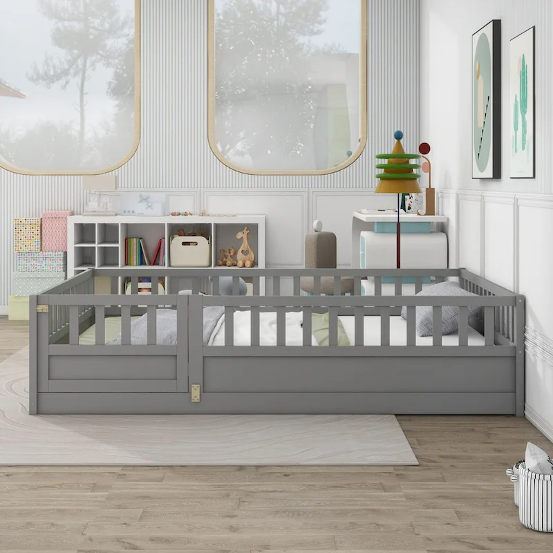 Grey/White Full Size Kids Floor Bed Frame with Safety Fence & Door, for 1 Child