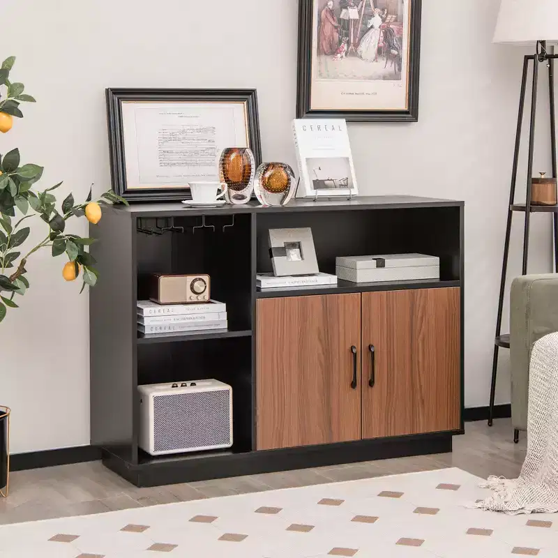 Industrial Wine Bar Cabinet Sideboard Buffet with Glass Holder & Adjustable Shelf, 45.5