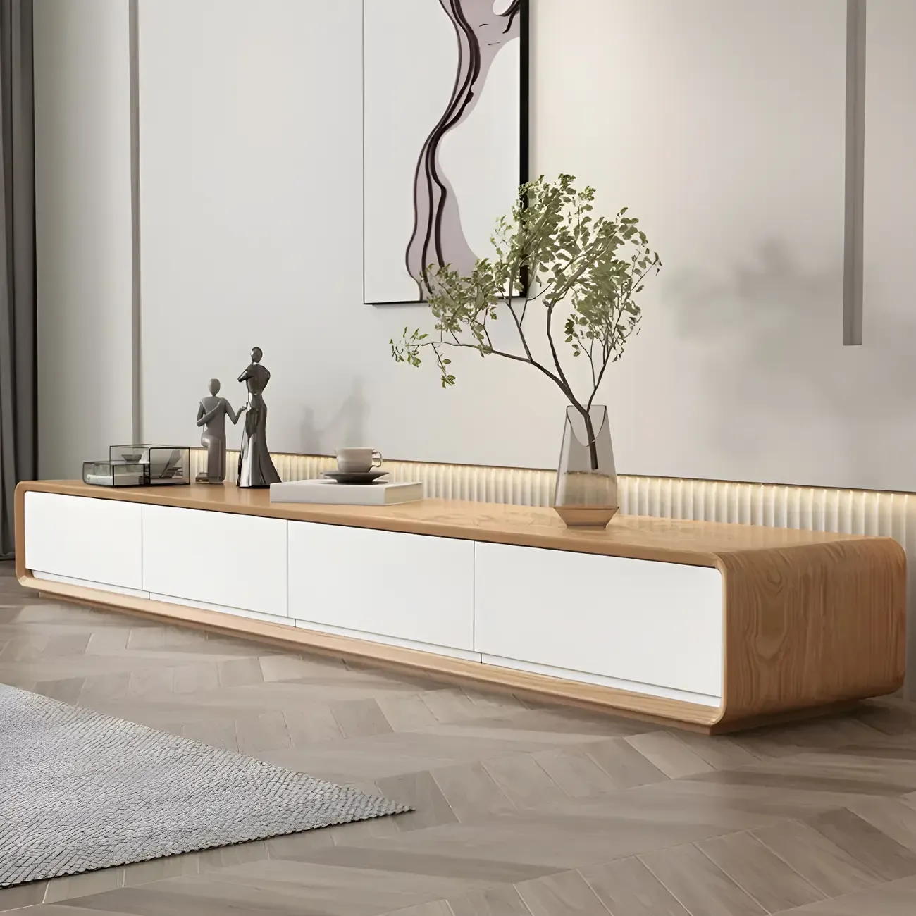 79 Natural Wood Long Floating TV Stand with Drawers