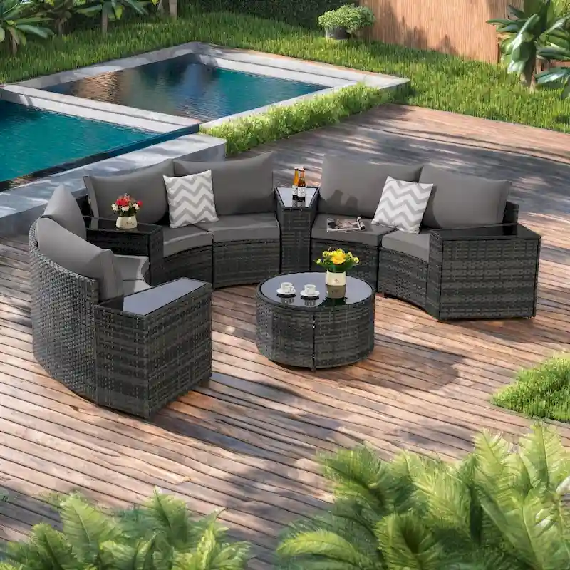 11-Piece Outdoor Half-Round Modular Sectional Sofa Set with Tempered Glass Coffee Table and 4 Side Table