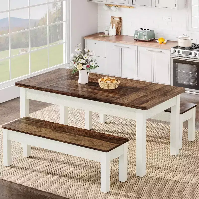 Lantine 55.11-Inch Large Dining Table Set, 3 Pieces Wood Kitchen Table with 2 Benches