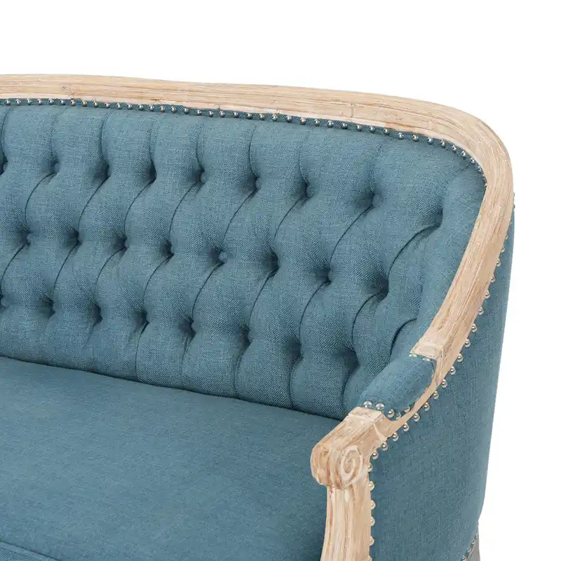 Button-Tufted Upholstered Loveseat with Scrolled Arms and Nailhead Trim