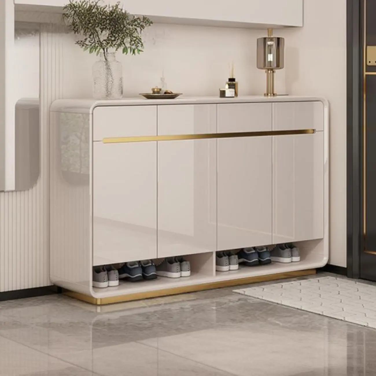 Glam Beige Solid Wood Shoe Cabinet with Display Top