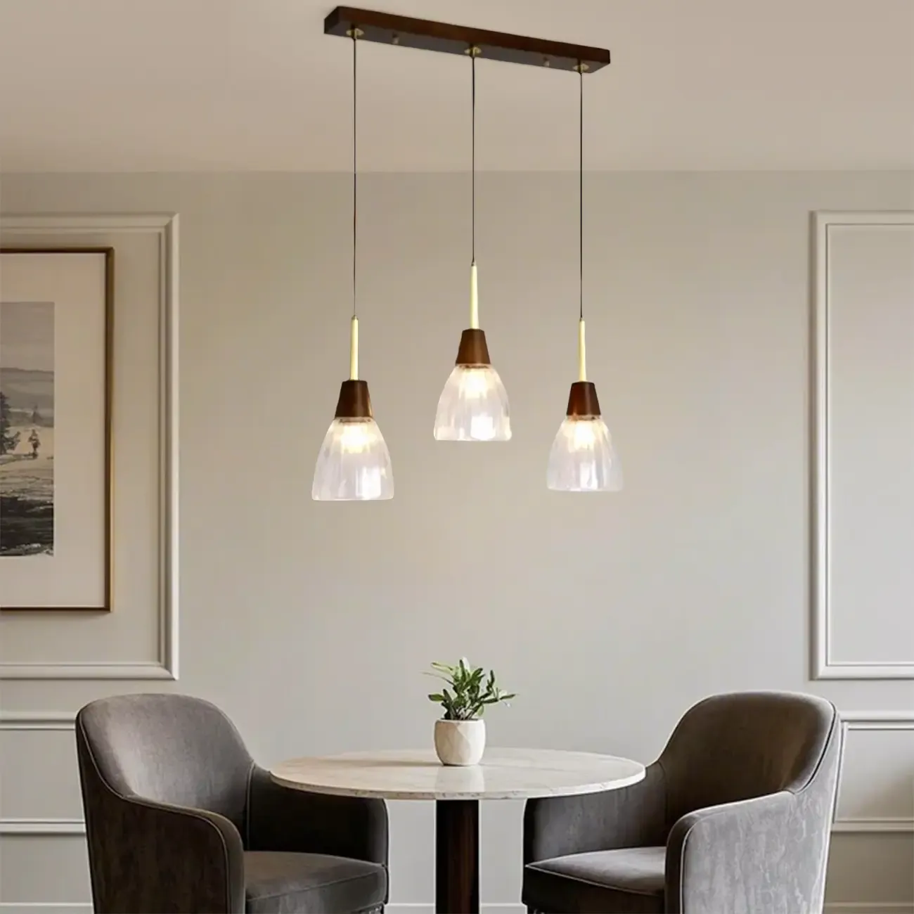 Modern Glass Dome Island Pendant Light in Walnut