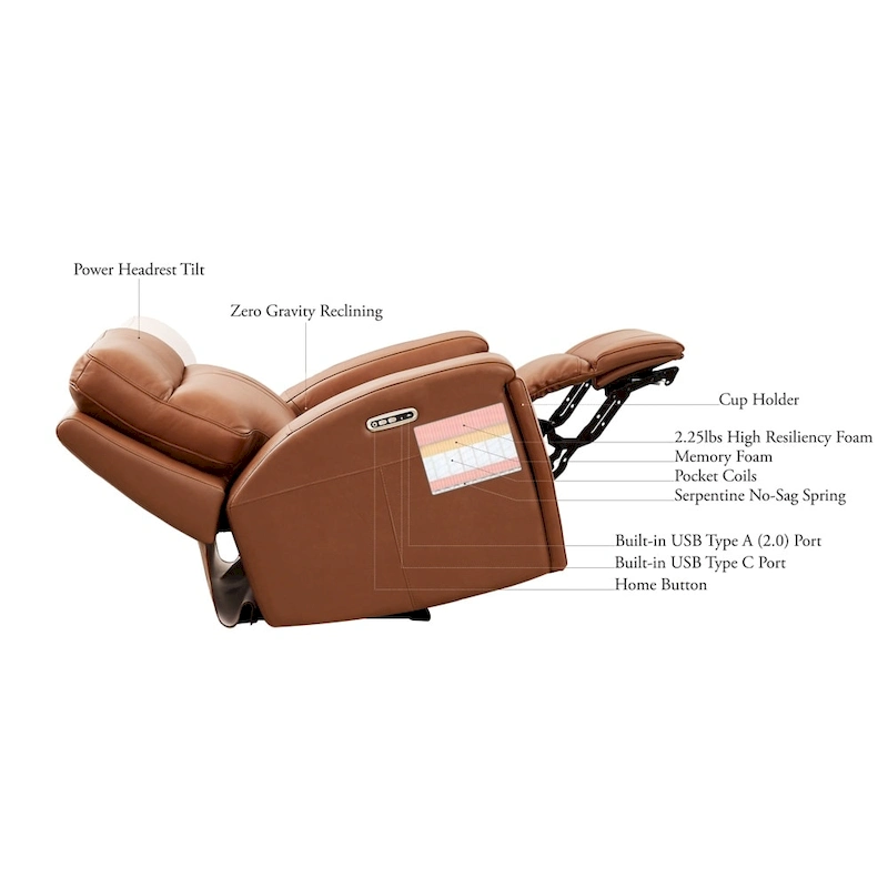 Hydeline Venice Zero Gravity Power Recline and Headrest Top Grain Leather Recliner with Cup Holder