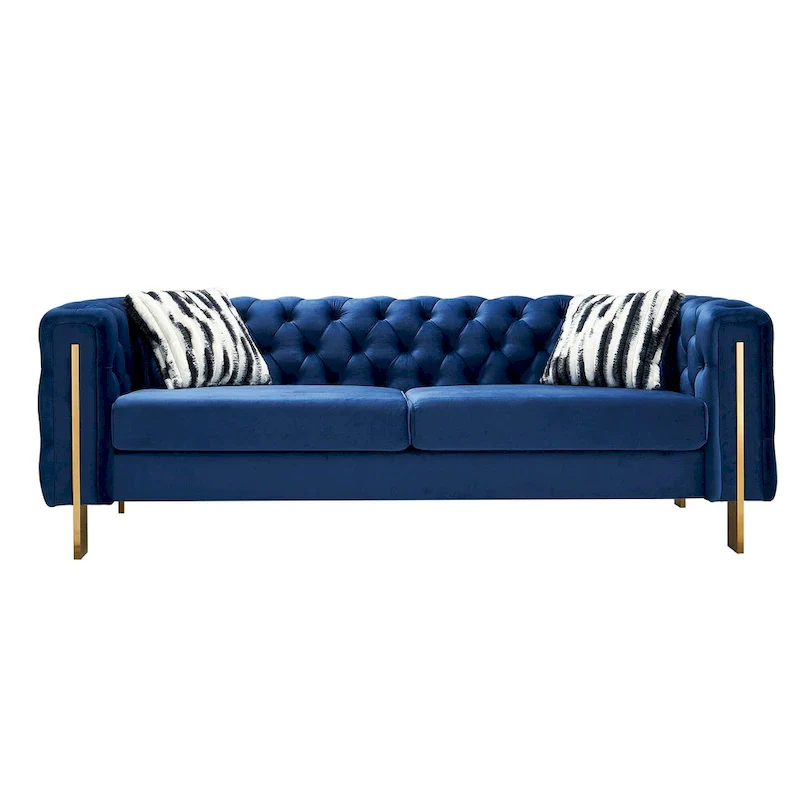 84.25  Velvet 3-Seater Sofa with Button Tufting, Gold Metal Legs, Pocket Spring And Foam Cushioning, 700 lb Capacity