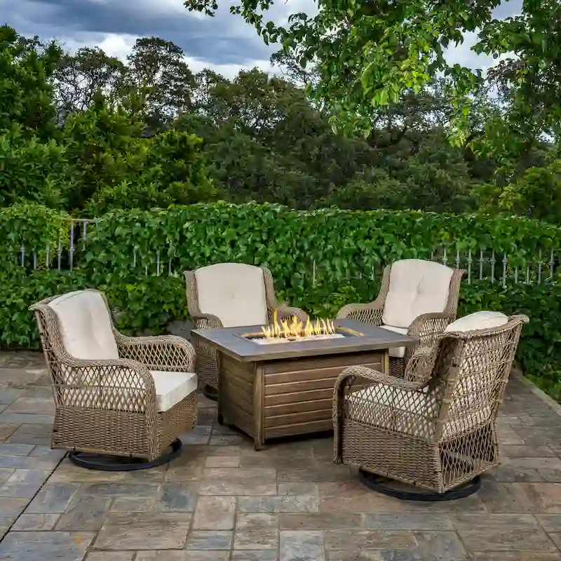 Rio Vista Sandstone Outdoor Wicker Seating Set with Fire Pit Table (5-Piece)