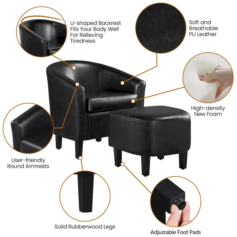 Accent Chair Faux Leather Club Chair and Ottoman Set