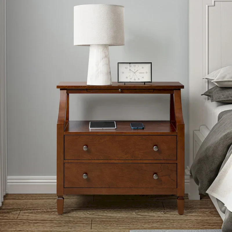 2-Drawer Nightstand with Built-In Charging Station and Pull-Out Tray