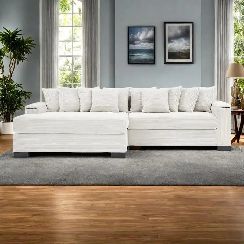Green / Reddish Brown / Beige / Grey Corduroy L-Shaped Sectional Sofa, Reversible Chaise, 2-Seat