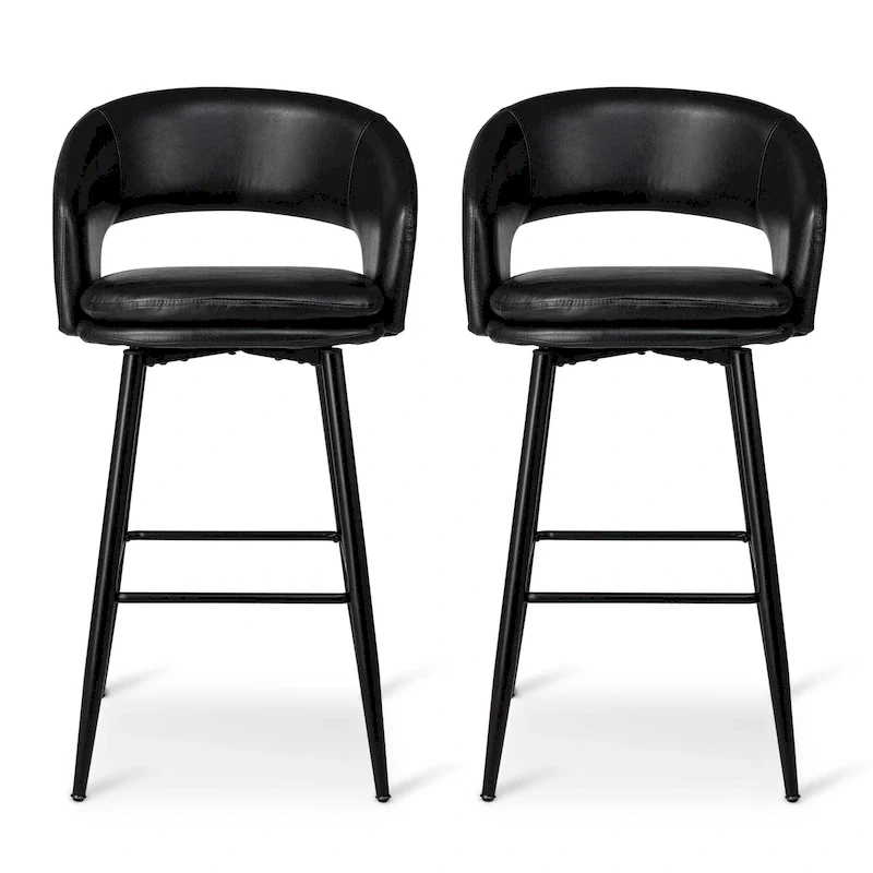 Mid-Century Modern Faux Leather Bar Stool with Nailhead Trim & Metal Legs – Black / Brown