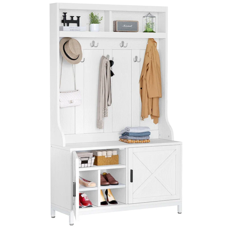 White & Grey Farmhouse Hall Tree with Bench, Shoe Storage & Coat Hooks