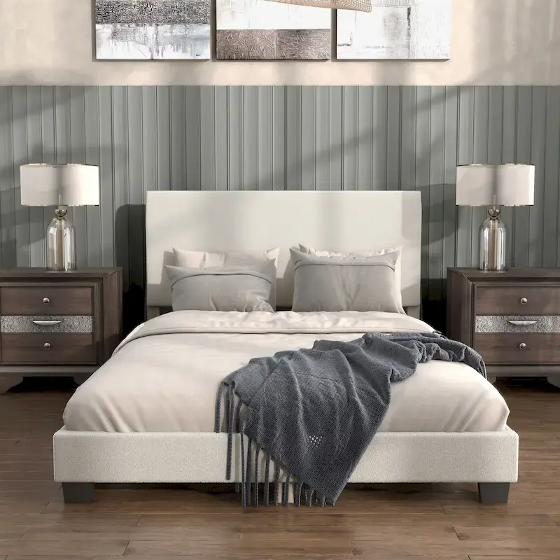 White Boucle Queen Platform Bed, 5 Headboard Styles, 1-Person