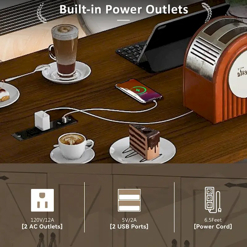 53.5 Farmhouse Kitchen Island Cart with Power Outlet, Drop Leaf, Spice Rack, and 2 Drawers, 5 Wheels