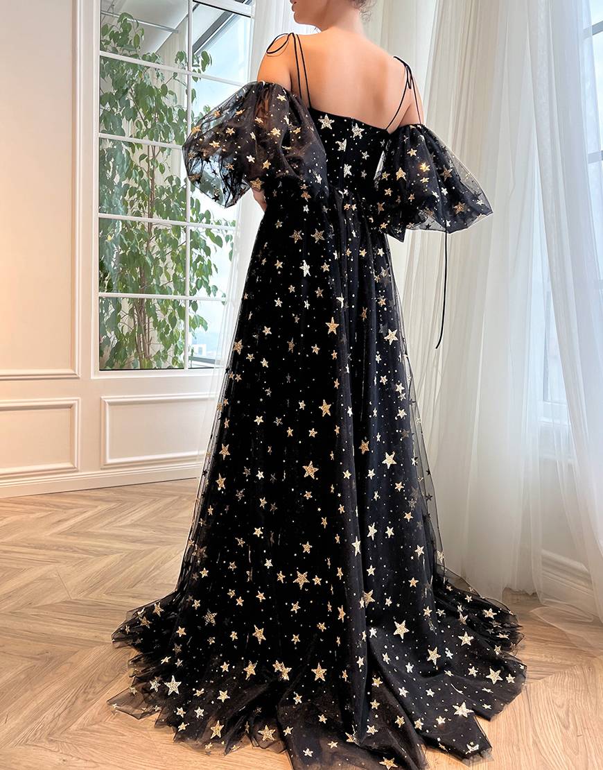 Side Slit Black Prom Dress with Stars