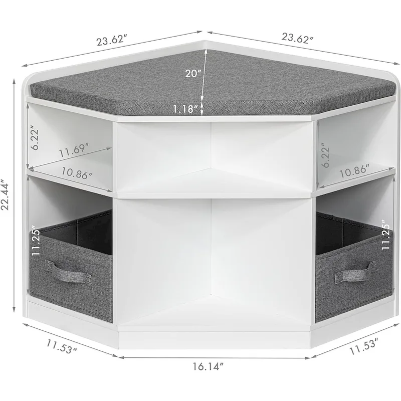 Corner Reading Nook, Bench with Storage, Corner Cabinet with 3 Cubbies for Living Room, Bedroom, White