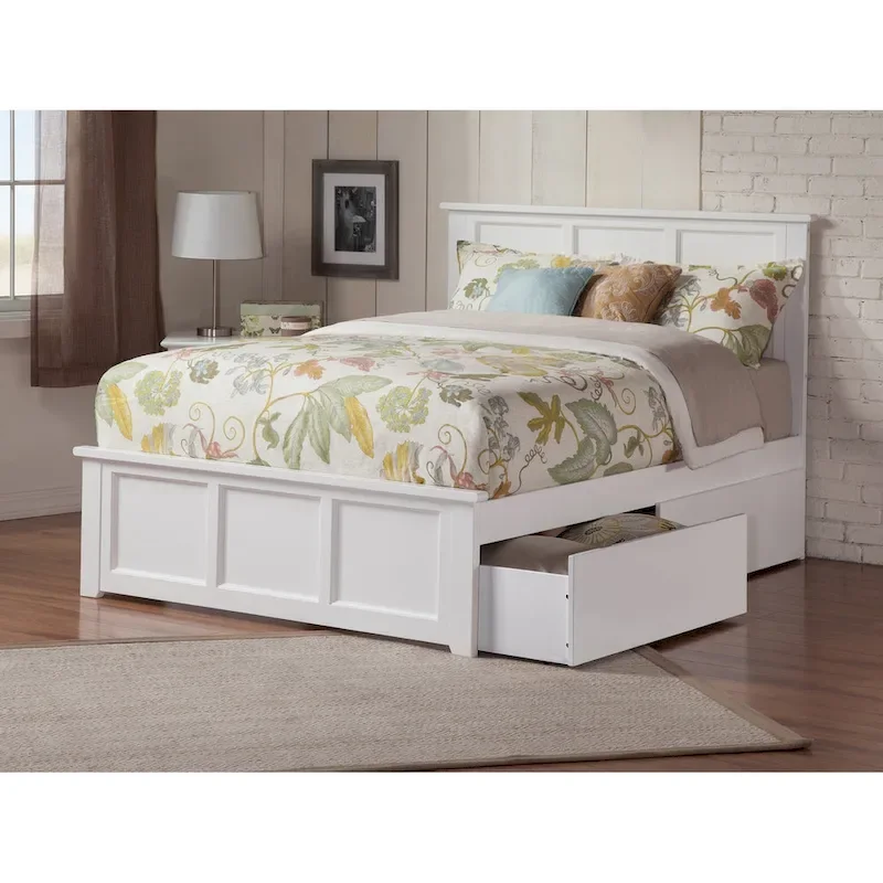 White Queen Platform Bed with Storage Drawers