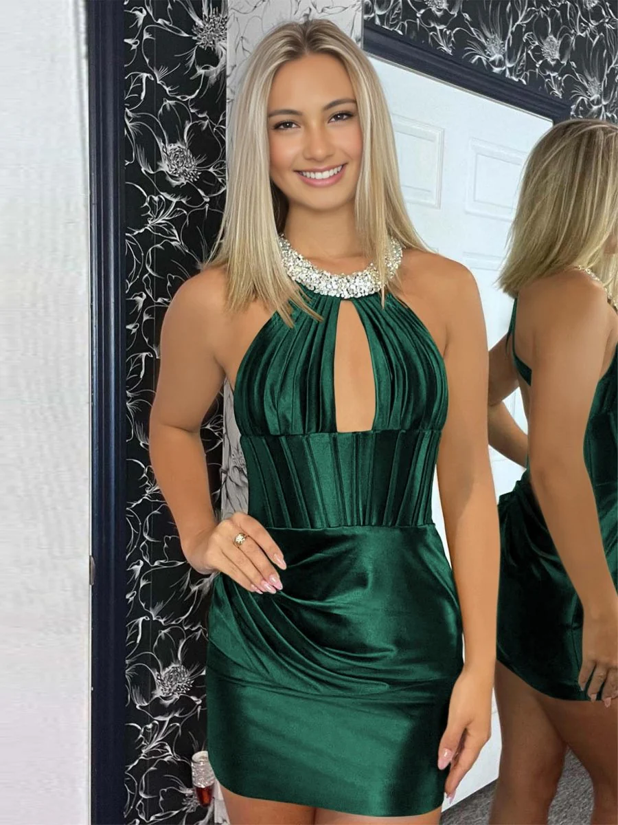 Dark Green - Halter Beaded Satin Homecoming Dress With Keyhole