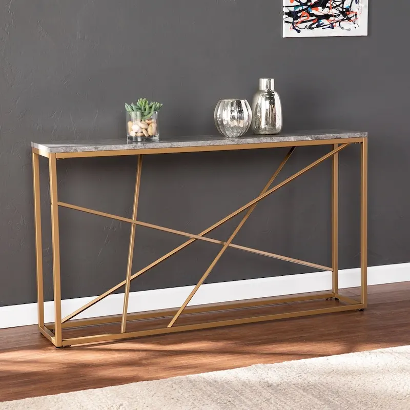 Black / Gray / Tan Faux Marble Skinny Console Table — Modern Geometric Iron Base, 1-Person Assembly