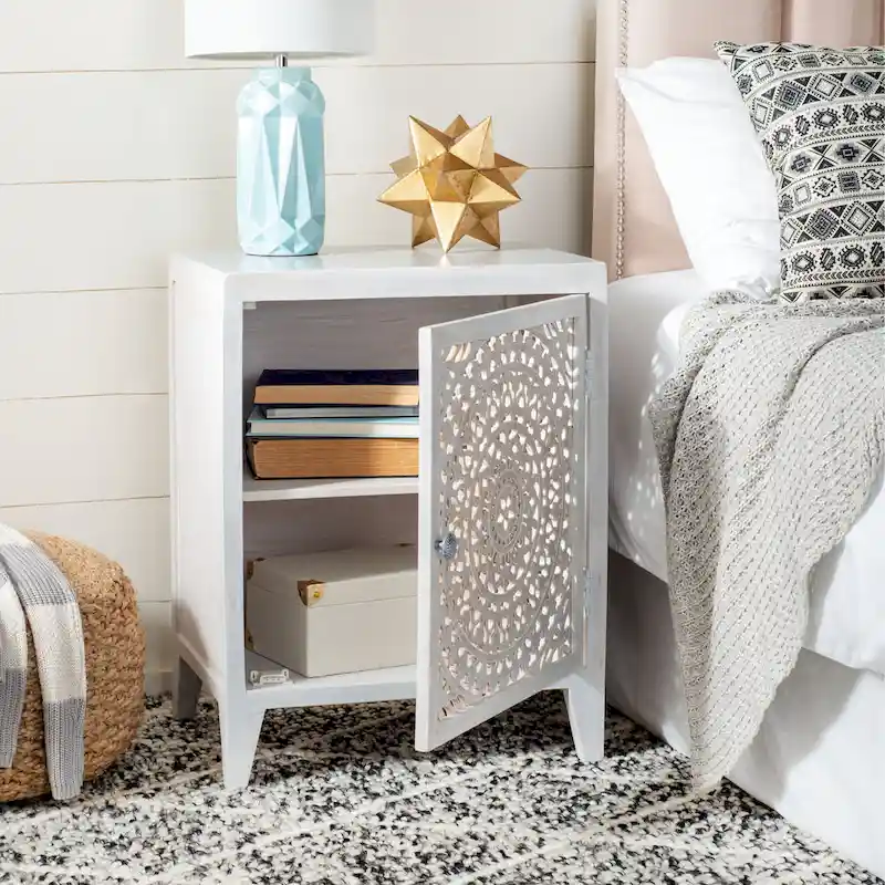Single-Door Carved Wood Nightstand – Brown / White Washed / Grey Walnut