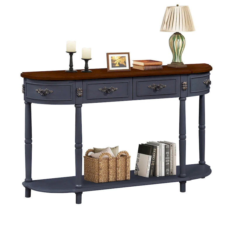 52 inch Circular Half Moon Sofa Table with Open Shelf and 2 Drawers