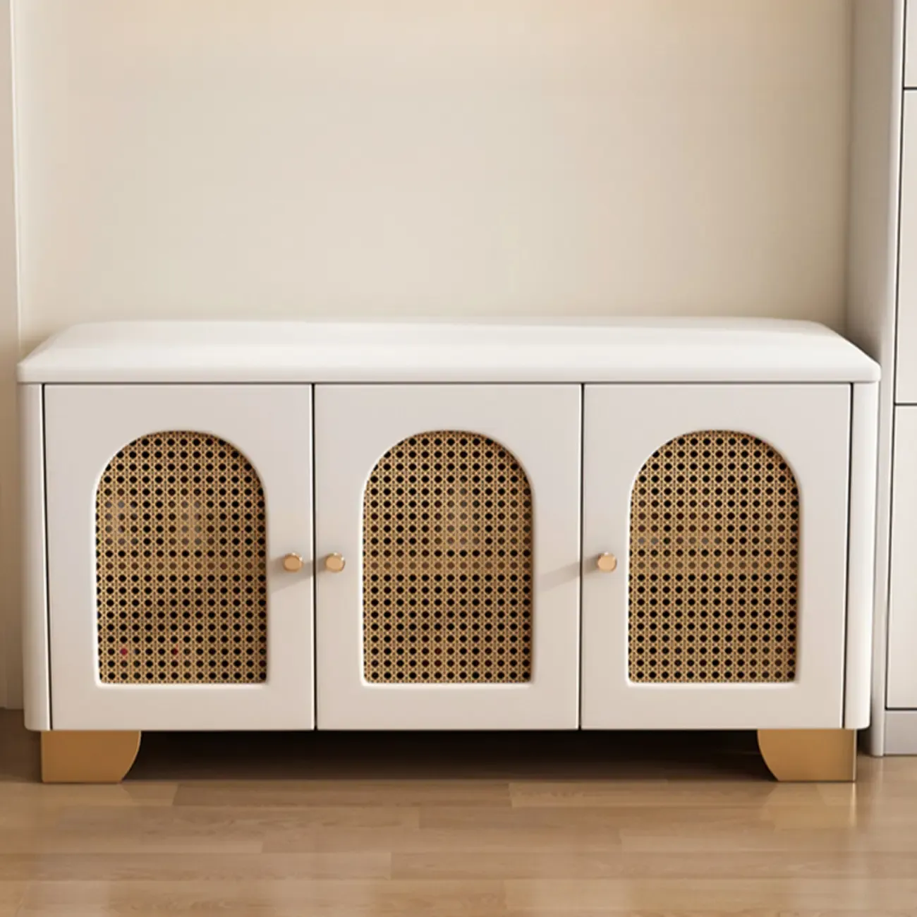 Cubic Wooden Upholstered Entryway Bench with Doors