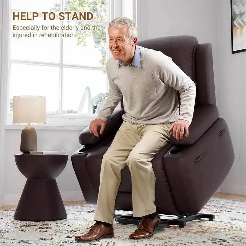 Power lift recliner chair with massage, cup holders, and side pocket.