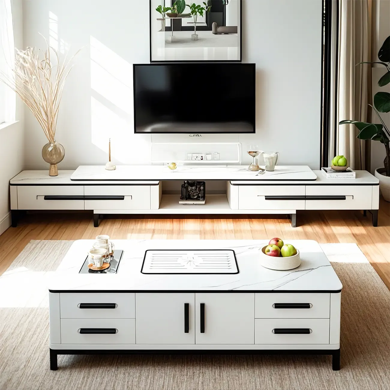 67 White Modern Stone Open Storage TV Stand with Drawers