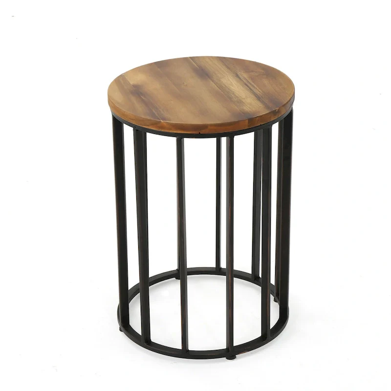 Outdoor Side End Table, 15 Inch Round Brown Wood Top, Black Iron Frame