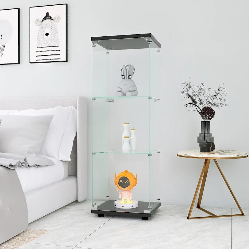 Glass Display Cabinet with 3 Shelves, One-Door Curio Cabinets, Black Floor Standing Glass Bookshelf, Quick Installation