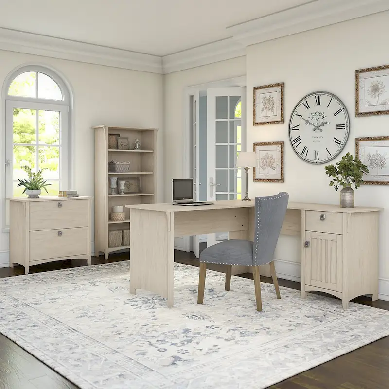 Antique White L-Shaped Desk Set with File Cabinet & Bookcase, 3-Piece