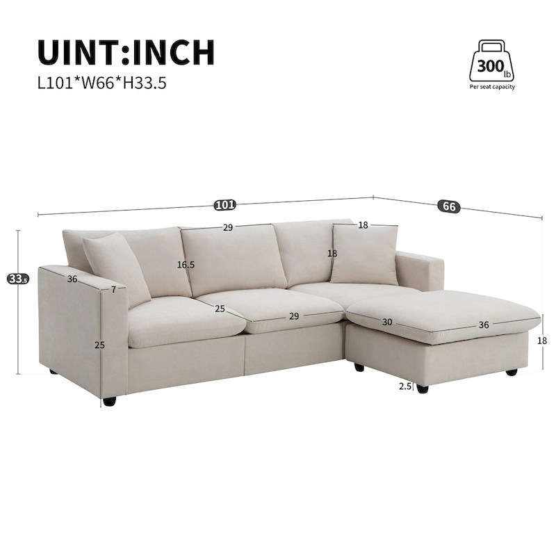 L-shaped Polyester Fabric Couch Set with 2 Free Pillows and Convertible Ottoman