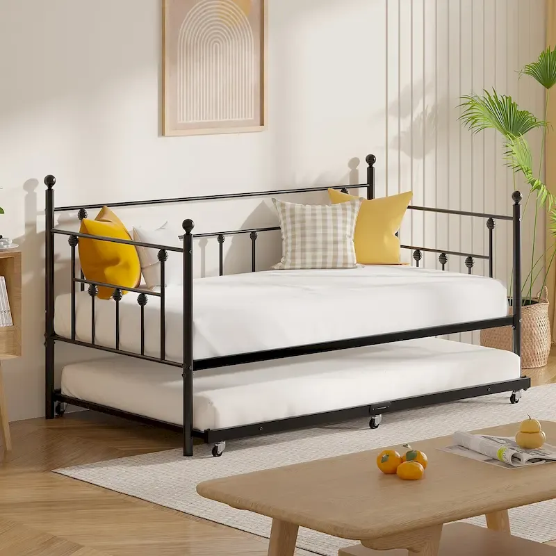 Black Metal Daybed with Trundle, Twin Size, Sleeps 2