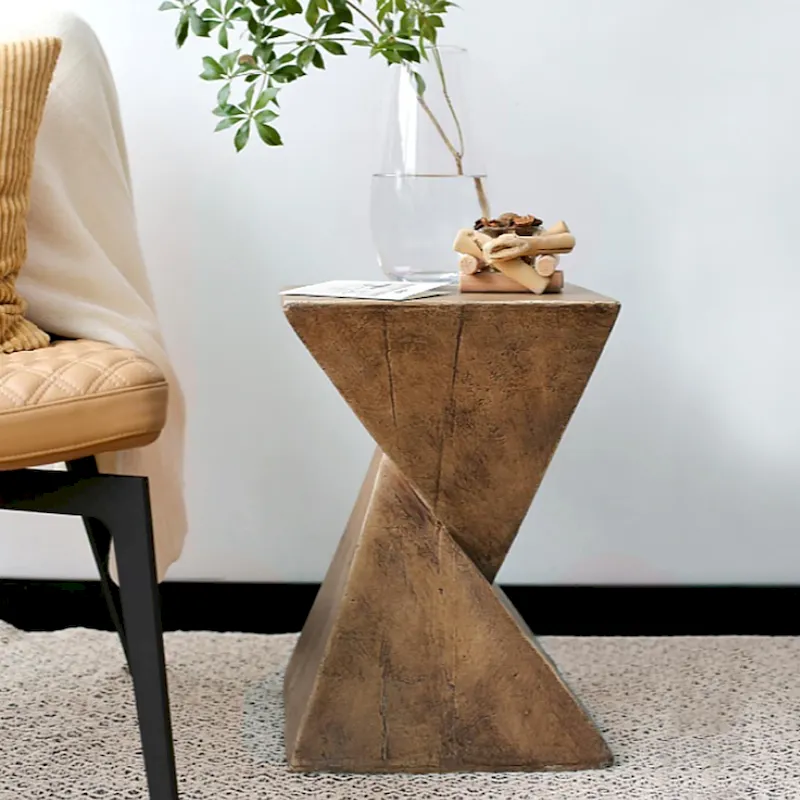 Natural Wood Geometric Concrete Side Table for 1 Person