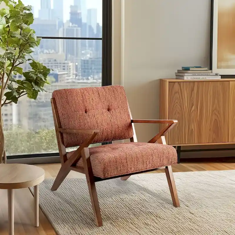 Orange / Light Grey Fabric Mid-Century Tufted Arm Chair with Angled Wood Frame – Single