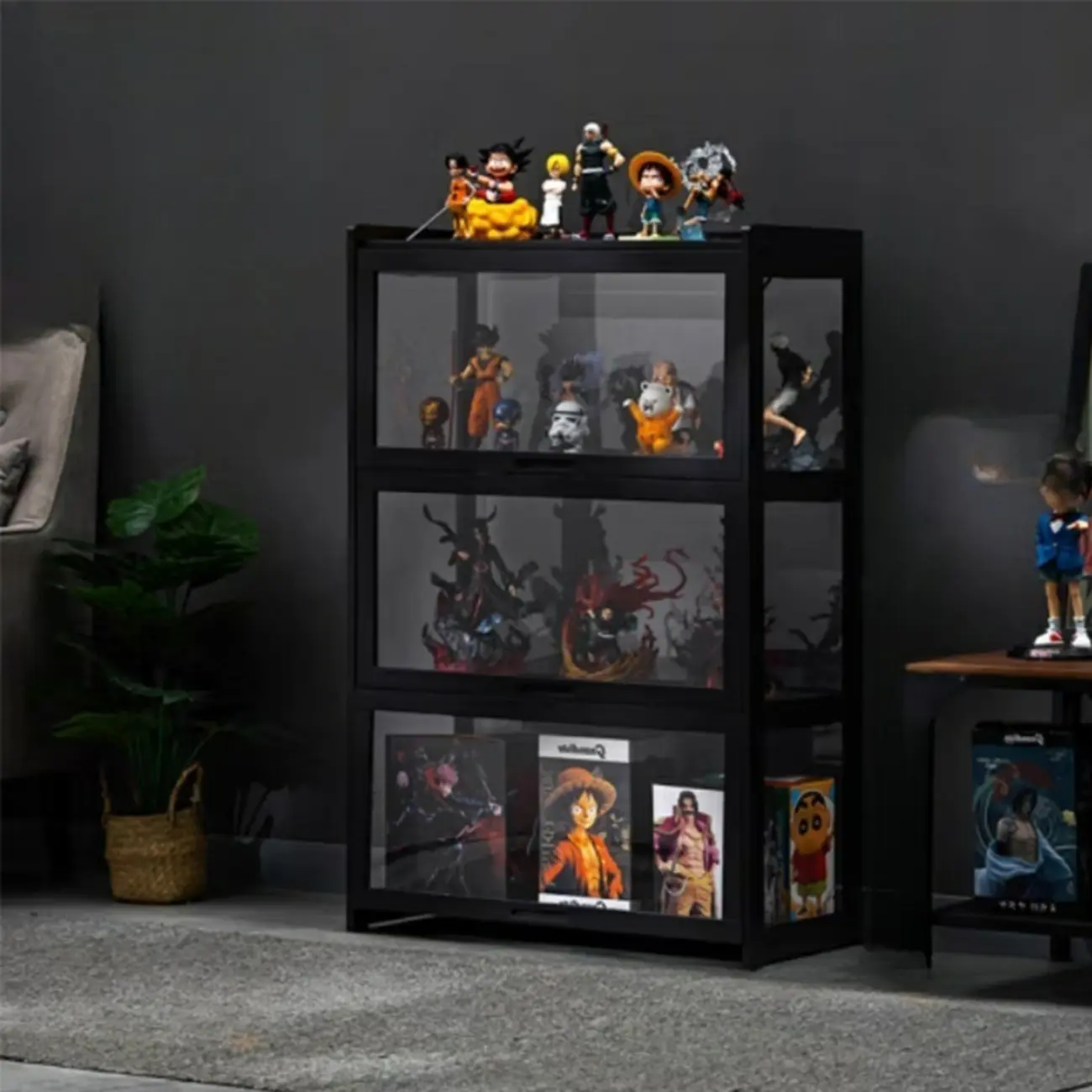 Modern Black Bamboo Glass Display Cabinet with Flip-up Door