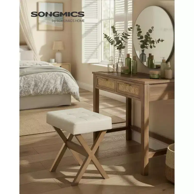 SONGMICS Foot Stool Ottoman, Padded Foot Rest Vanity Stool Under Desk with Solid Wood Frame